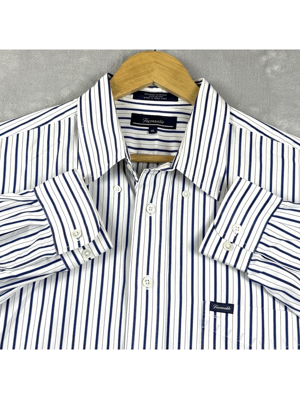 Faconnable White Blue Striped Button Up Dress Shirt Long Sleeve Men's XL Design